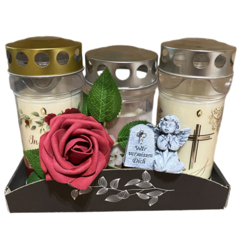 Trauer-Gedenk-Set mit Qualitäts-Kerzen von Hofer-Kerzen, Engel-Figur & Kunstrose rot